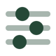 A minimalist icon showing three horizontal sliders with dark green knobs, typically used to represent settings or preferences.