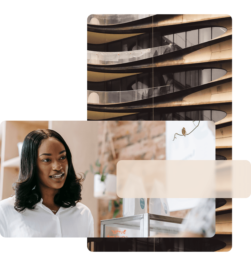 Collage of a modern curved building facade and a smiling professional woman